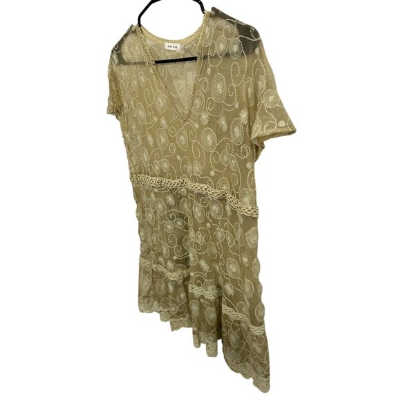Blue Bird Sheer Beige Embroidered Lace Tunic Top V Neck Short Sleeves Size L - Picture 3 of 11